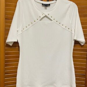 INC International Concepts White Studded Short Sleeve Top